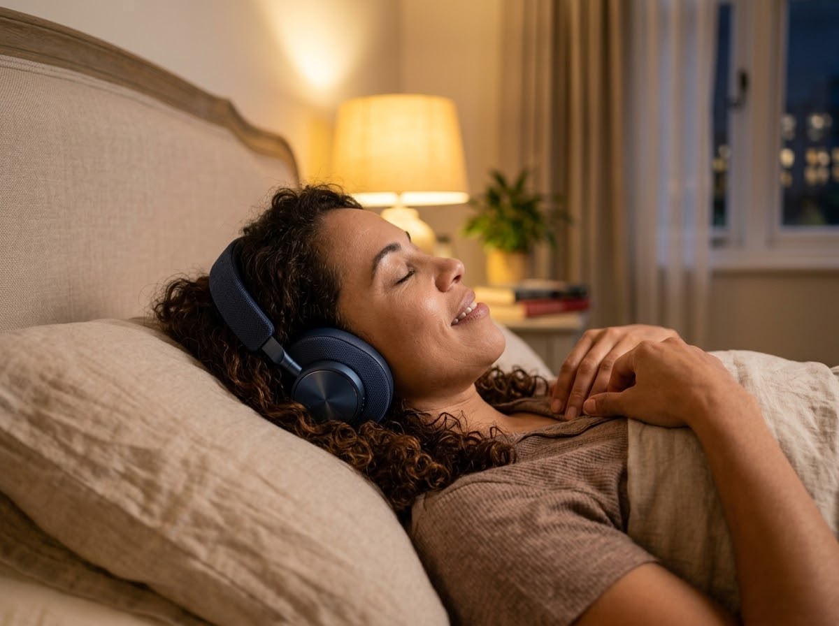 Mulher deitada, de fone de ouvido, relaxando
